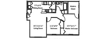 A floor plan of a home with a living room, dining room, bedrooms and a closet.