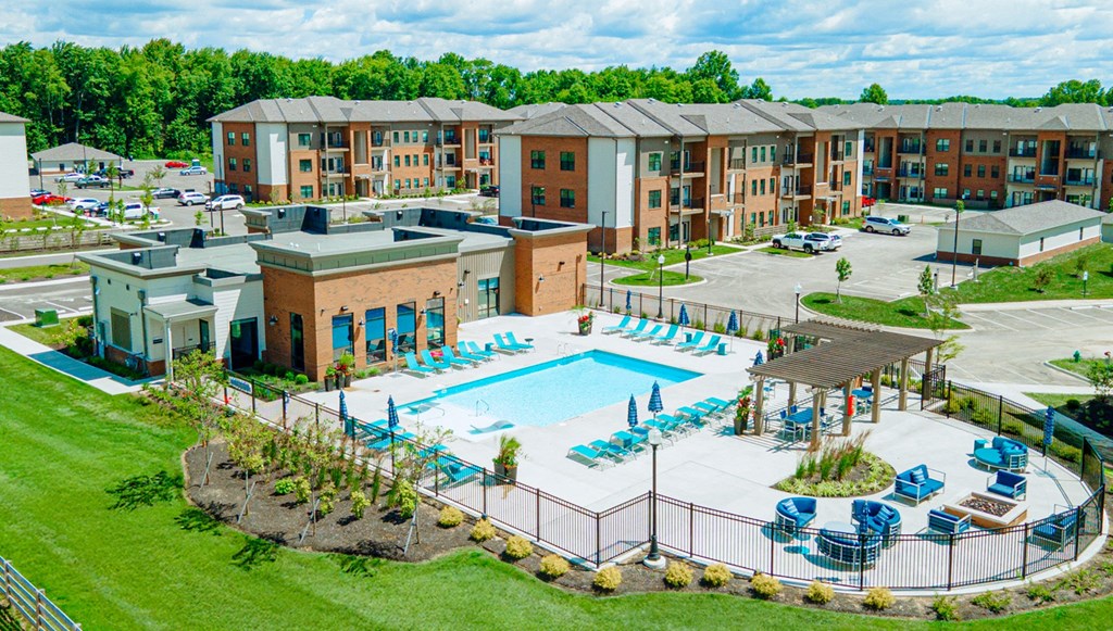 an aerial view of an outdoor pool at aria on the strip apartments