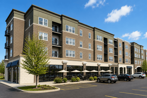 A large multi-story building with a parking lot in front.
