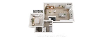 A 3D floor plan of a house with a kitchen, living room, and bathroom.