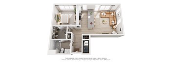 A 3D floor plan of a small apartment with a kitchen, living room, and bathroom.