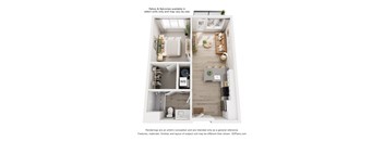 A 3D floor plan of a small apartment with a kitchen, living room, and bedroom.
