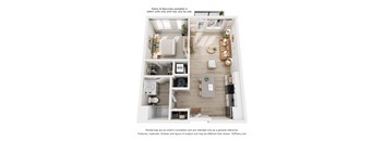 A 3D floor plan of a small apartment with a kitchen, living room, and bathroom.