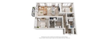A 3D floor plan of a house with a kitchen, living room, and bedrooms.