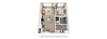 A 3D floor plan of a small apartment with a kitchen, living room, and bathroom.