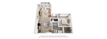 A 3D floor plan of a house with a kitchen, living room, and bathroom.