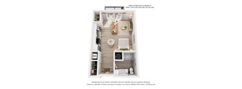 A floor plan of a small apartment with a kitchen, living room, and bathroom.