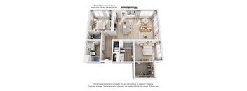 A floor plan of a small apartment with a kitchen, living room, and two bedrooms.
