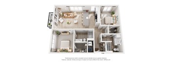 A 3D floor plan of a house with a living room, kitchen, and bedrooms.