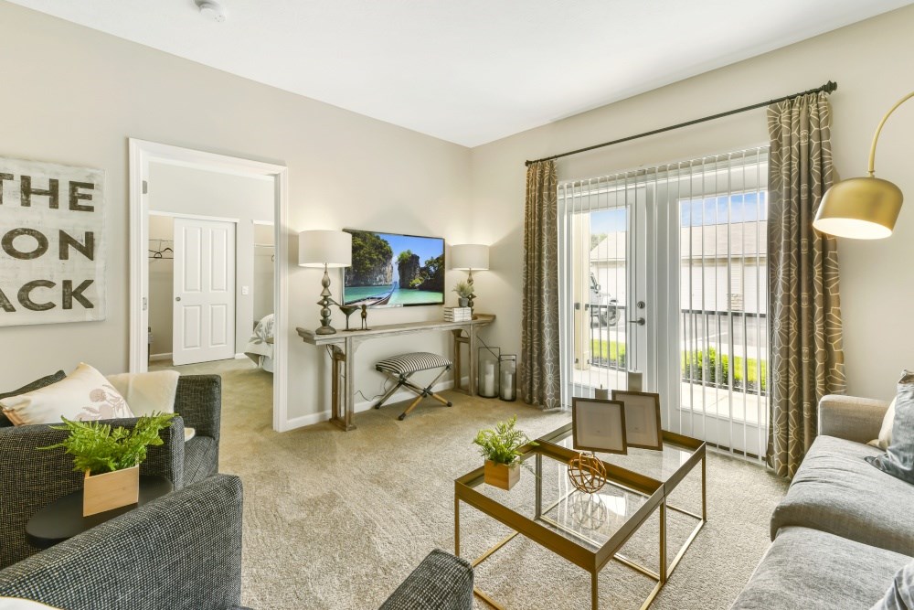 A living room with a grey couch, a coffee table, and a flat screen TV.