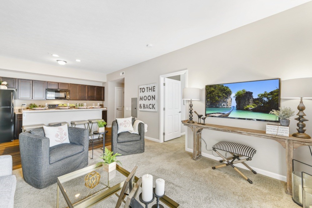 A living room with a grey couch, a coffee table, and a television on the wall.