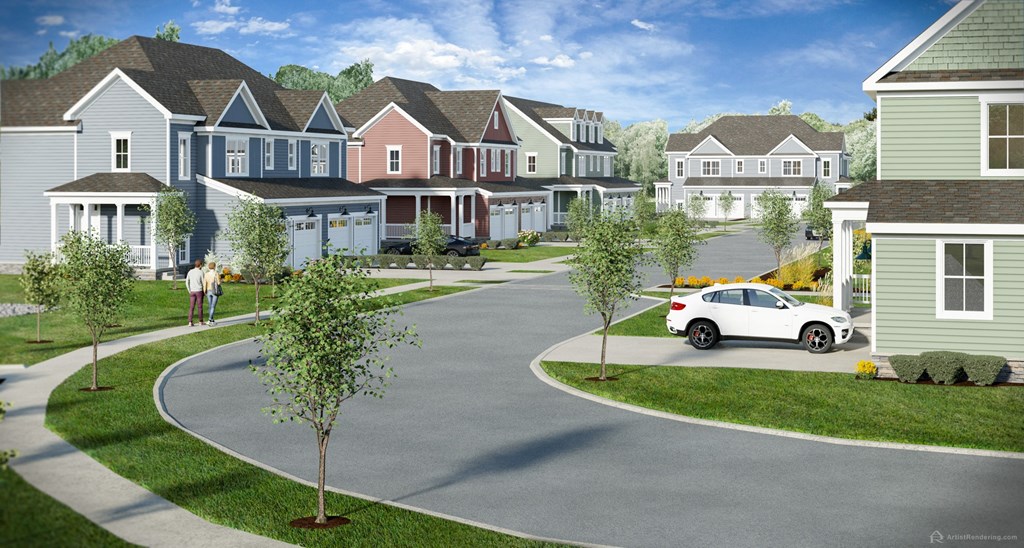 a rendering of the neighborhood with a car driving down a street