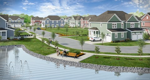 a rendering of a neighborhood with houses and a pond