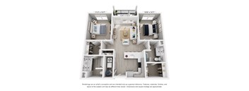A floor plan of a two-bedroom apartment with a living room, kitchen, and bathroom.