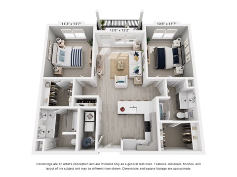 A floor plan of a two-bedroom apartment with a living room, kitchen, and bathroom.