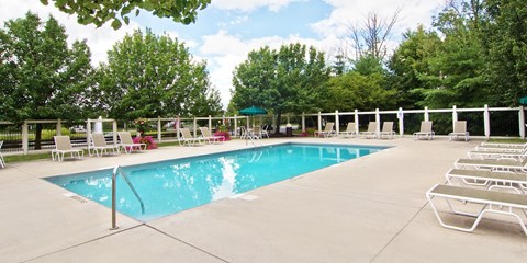 A large swimming pool surrounded by lounge chairs and trees.