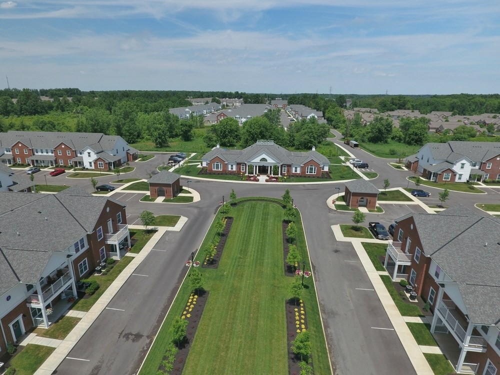 Drone shot aerial of roads and apartments
