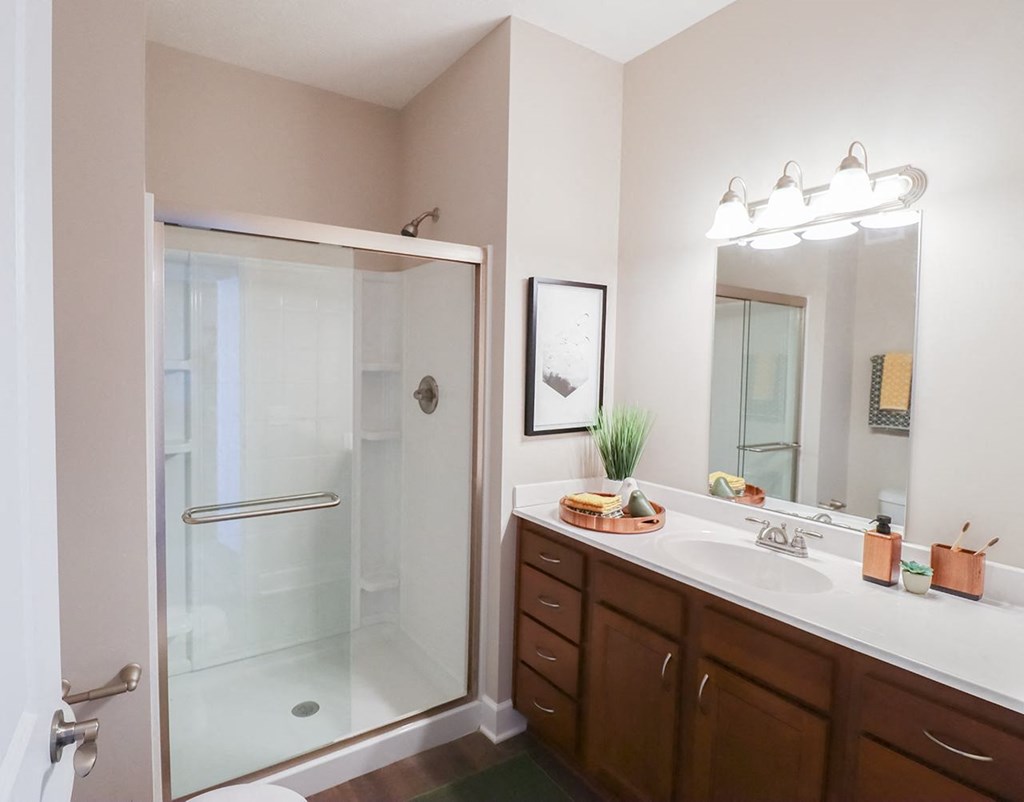 a bathroom with a shower and a sink and a mirror