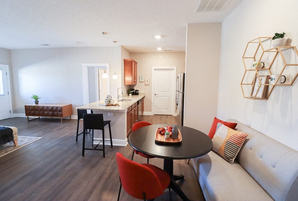 a living room with a couch and a table