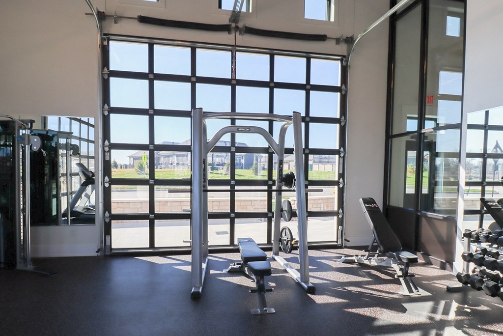 a gym with a large window and weights and cardio equipment