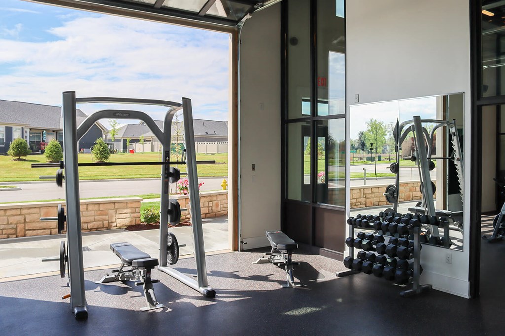 a gym with weights and a window in a building