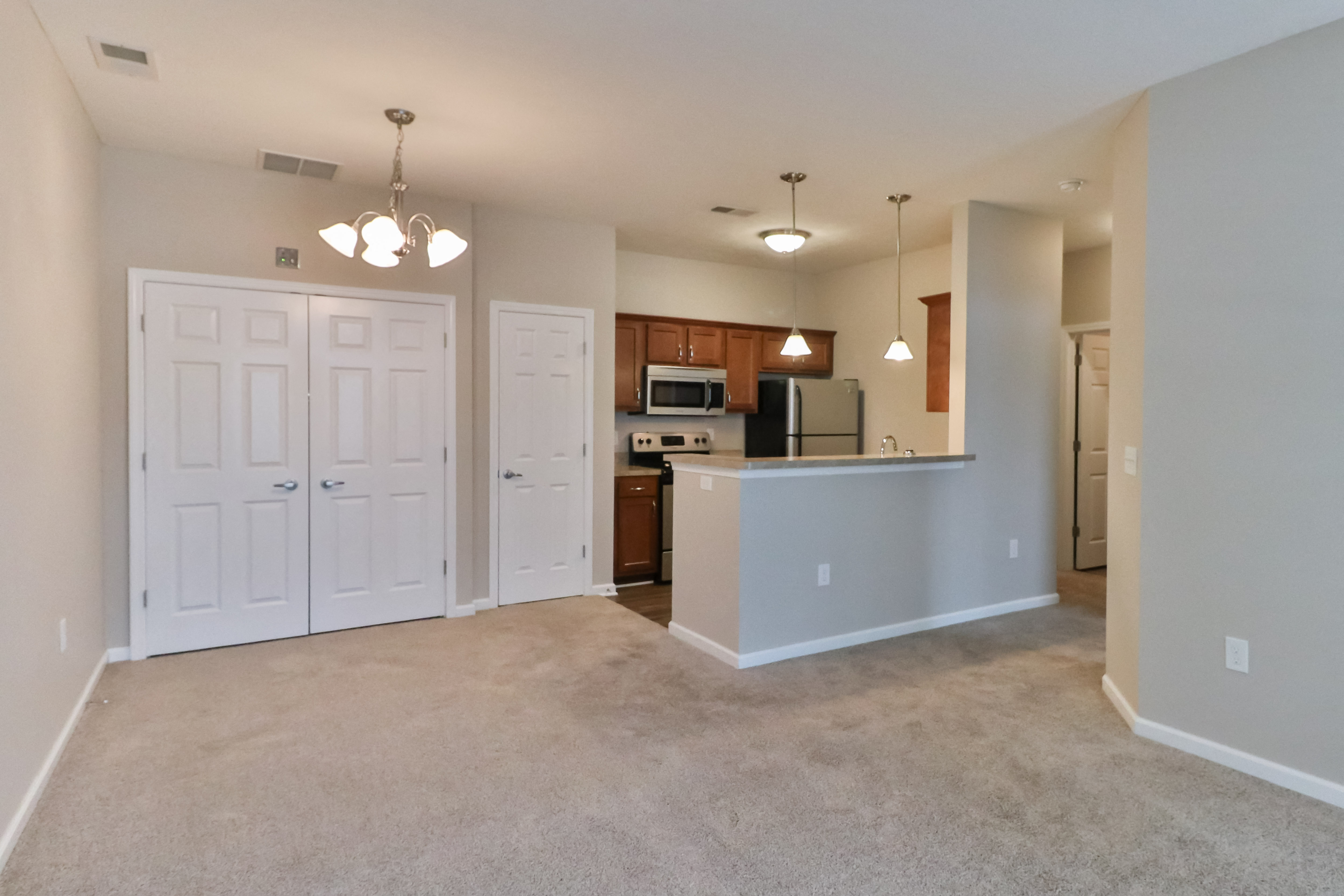 an empty living room and kitchen with white doors
