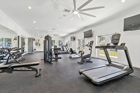 A gym with treadmills, weights, and exercise equipment.
