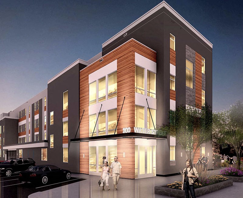 a rendering of an apartment building with people walking in front of it
