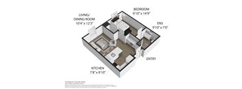 A floor plan of a one bedroom one bath model apartment.