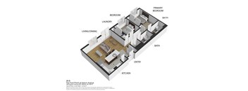 A 3D diagram of a house layout with labeled rooms.
