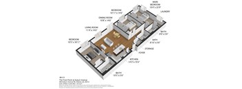 A 3D floor plan of a home with labeled rooms and dimensions.