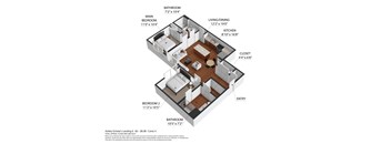 A floor plan of a small apartment with a living room, kitchen, and two bedrooms.