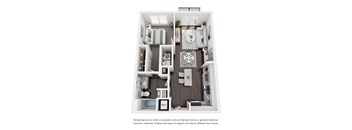 A floor plan of a small apartment with a kitchen, living room, and two bedrooms.