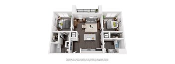 A floor plan of a small apartment with a kitchen, living room, and two bedrooms.