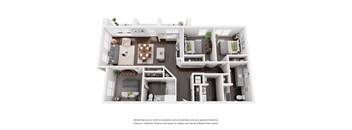 A 3D rendered image of a modern apartment layout.