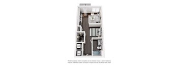 A floor plan of a small apartment with a kitchen, living room, and bedroom.