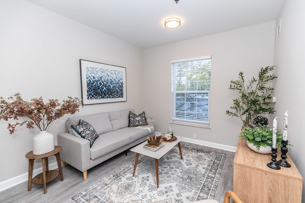 A living room with a grey couch, a coffee table, a painting, and a plant.