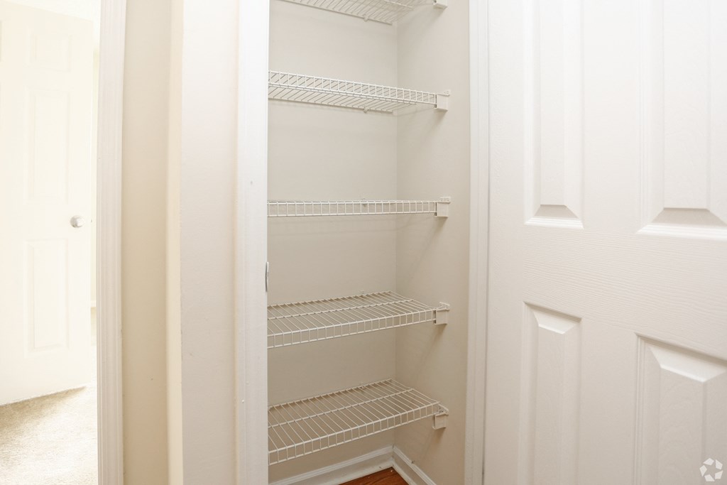 Empty white shelves in a pantry.