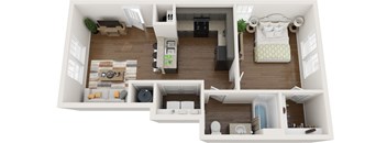 A top-down view of a small apartment with a kitchen, living room, and bedroom.