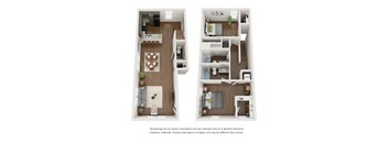 A floor plan of a two-bedroom apartment with a living room, kitchen, and bathroom.