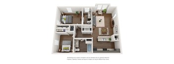 A 3D floor plan of a small apartment with a kitchen, living room, and two bedrooms.