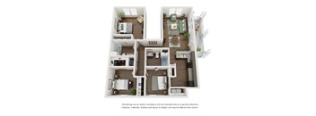 A floor plan of a two-bedroom apartment with a living room, kitchen, and bathroom.