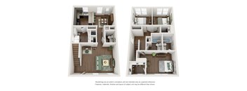 Two floor plans of a house with a living room, kitchen, and bedrooms.