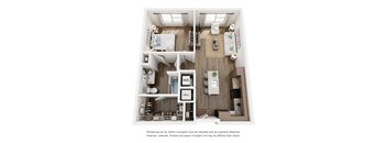 A floor plan of a small apartment with a bedroom, living room, kitchen, and bathroom.