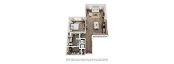 A floor plan of a house with a kitchen, living room, and two bedrooms.