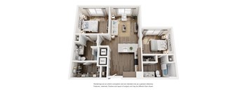 A white and wood floor plan of a small apartment with a kitchen, living room, and bathroom.