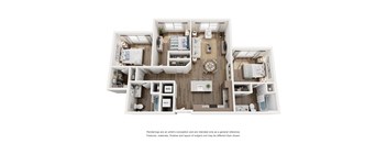 A floor plan of a small apartment with a kitchen, living room, and two bedrooms.