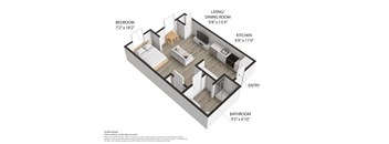 A 3D floor plan of a small apartment with a bedroom, living/dining room, kitchen, and bathroom.