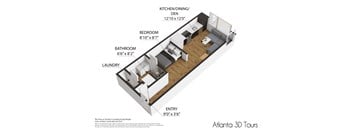 A 3D floor plan of a studio apartment with a kitchen, dining area, bedroom, bathroom, and laundry room.