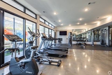 A gym with treadmills, elliptical machines, and other exercise equipment.